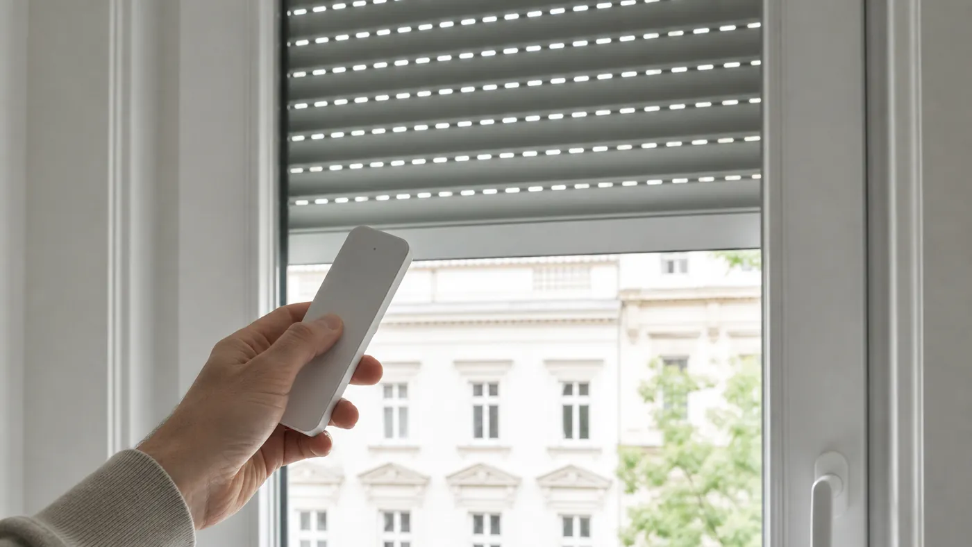 Neutrale Fernbedienung wird vor einem Fenster mit motorisiertem Rolladen gehalten – Funk-/Steuerungsdiagnose (Becker Centronic)