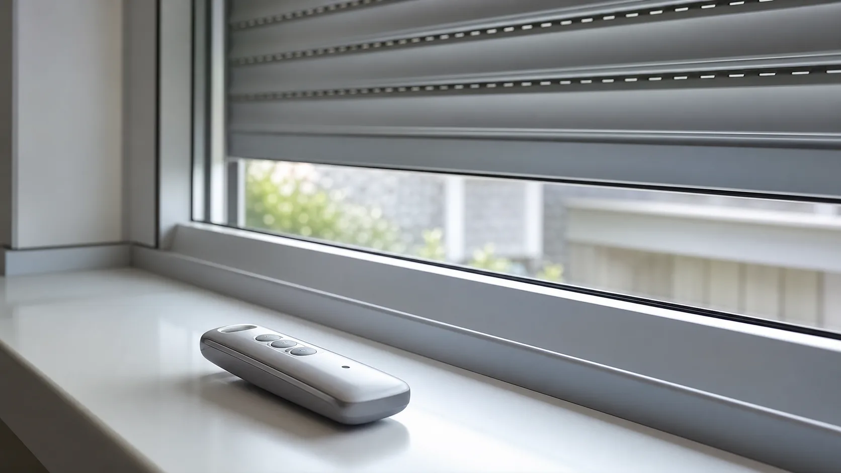 Brandneutrale Fernbedienung auf einer Fensterbank vor einem Rolladen als Symbolbild fuer Funkprobleme ohne Logos
