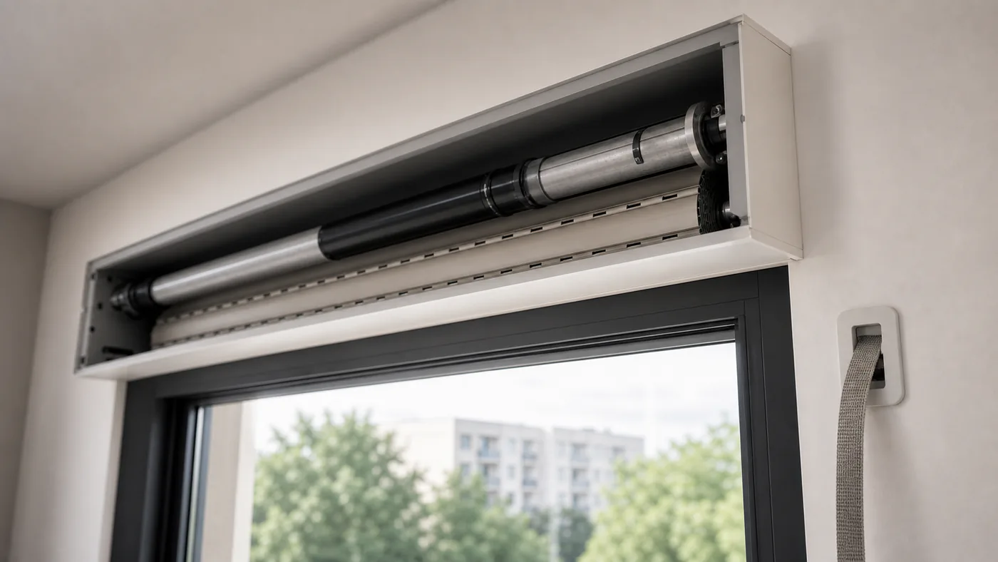 Altbaufenster mit geoeffnetem Rolladenkasten und sichtbarem Gurtbereich, ohne Logos und ohne freiliegende Verkabelung