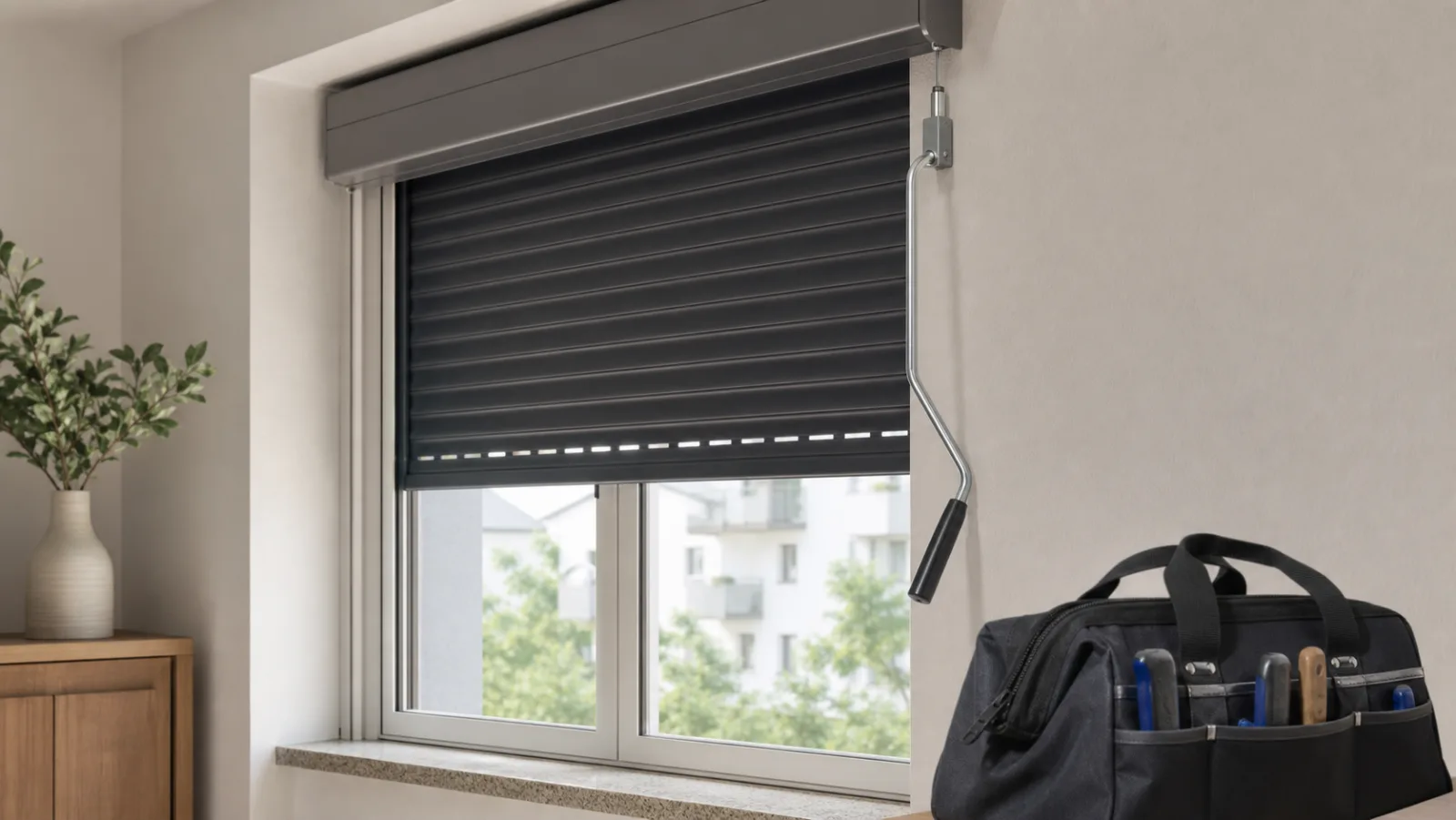 Unbeschriftete Rolladen-Kurbel an einem Fenster mit teilweise geschlossenem Panzer