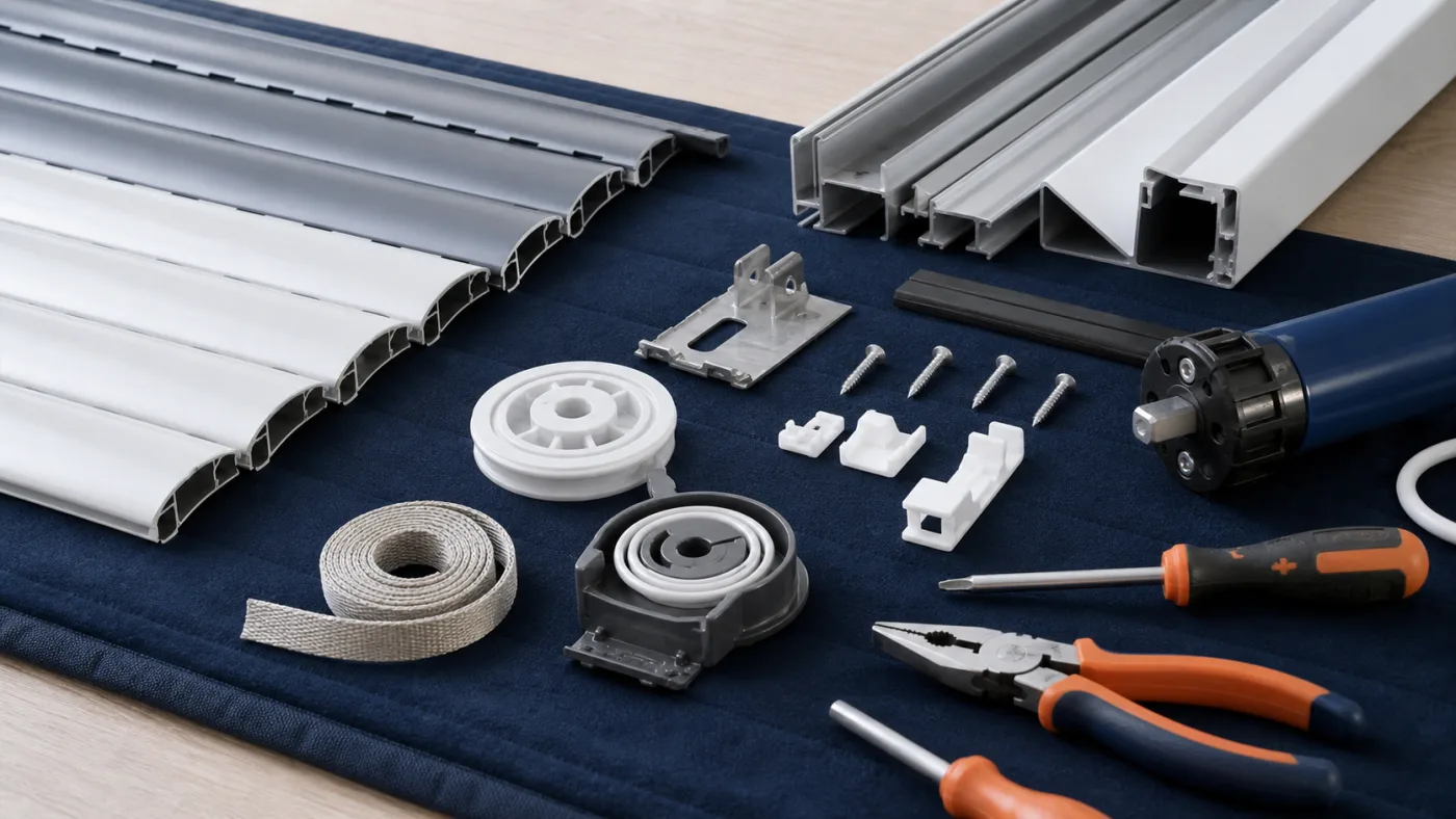 Rolladen-Lamellen, Führungsschienen, Gurtband und Motorbauteile auf Werkbank