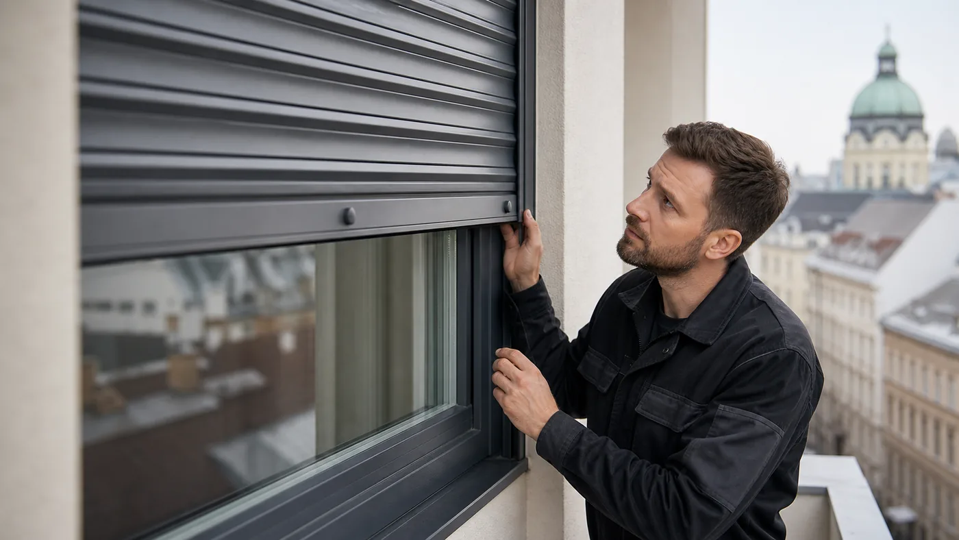 Rolladen Reparatur in 1060 Mariahilf: Techniker prüft den Rolladenlauf am Fenster – Wien
