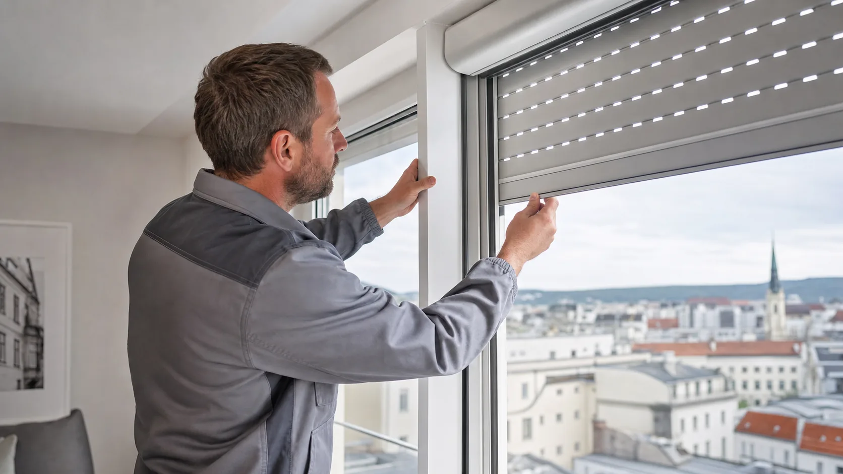 Rolladen Reparatur in 1100 Favoriten: Techniker prüft Rolladenlauf an einem Fenster – Wien