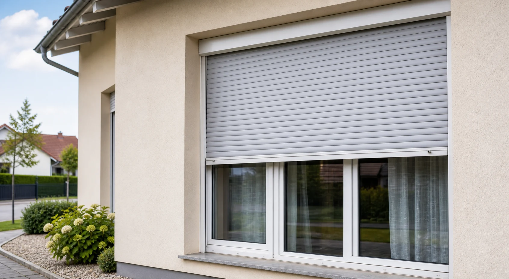 Wohnhaus mit halb geschlossenem Rolladen in Mistelbach, sichtbare Fuehrungsschienen und sauberer Fensterbereich ohne Logos