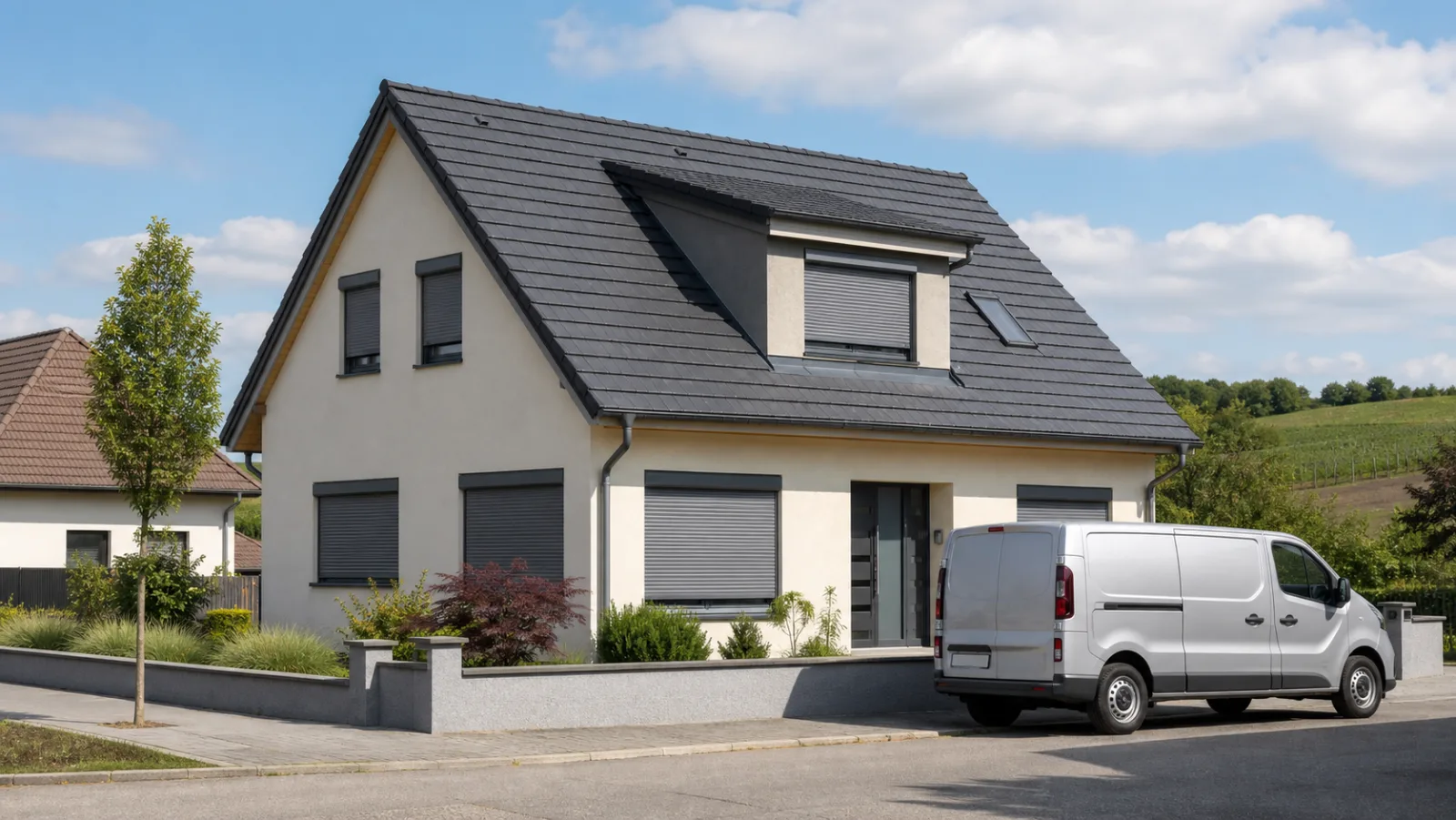 Wohnhaus mit grauen Rolläden und neutralem Servicefahrzeug als Symbolbild für Gaweinstal
