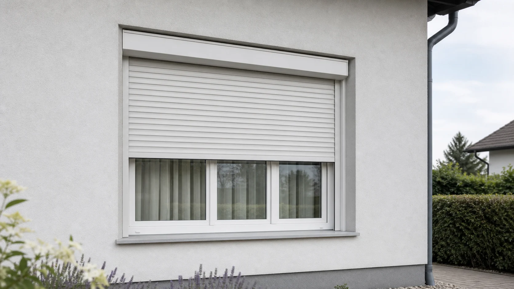 Neutrales Wohnhausfenster mit halb geschlossenem Rolladen als Symbolbild fuer Rolladen Reparatur in Gross-Enzersdorf ohne Logos