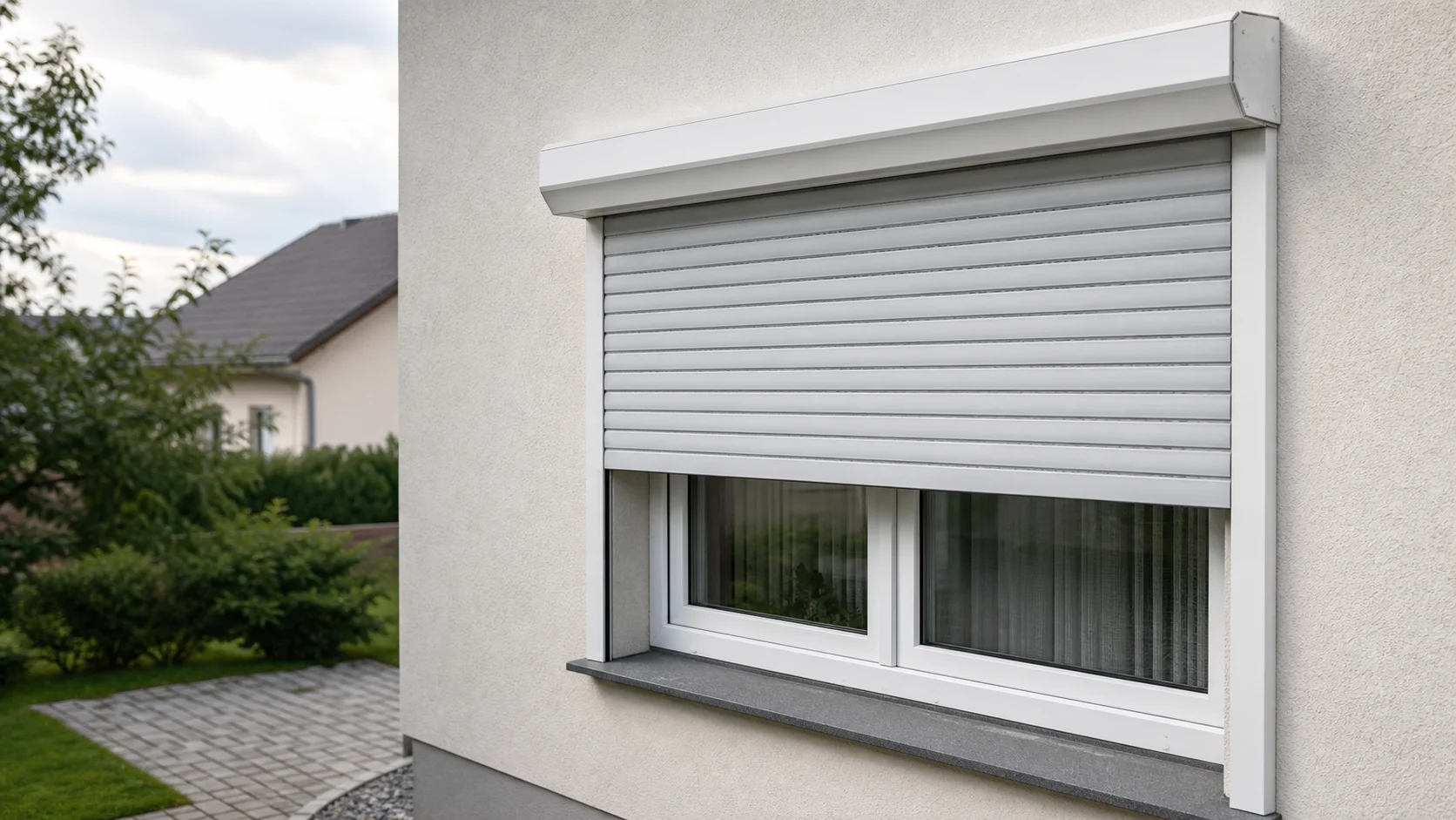 Neutrales Hausfenster mit Vorbaurolladen als Symbolbild fuer Rolladen Reparatur in Orth an der Donau ohne Logos