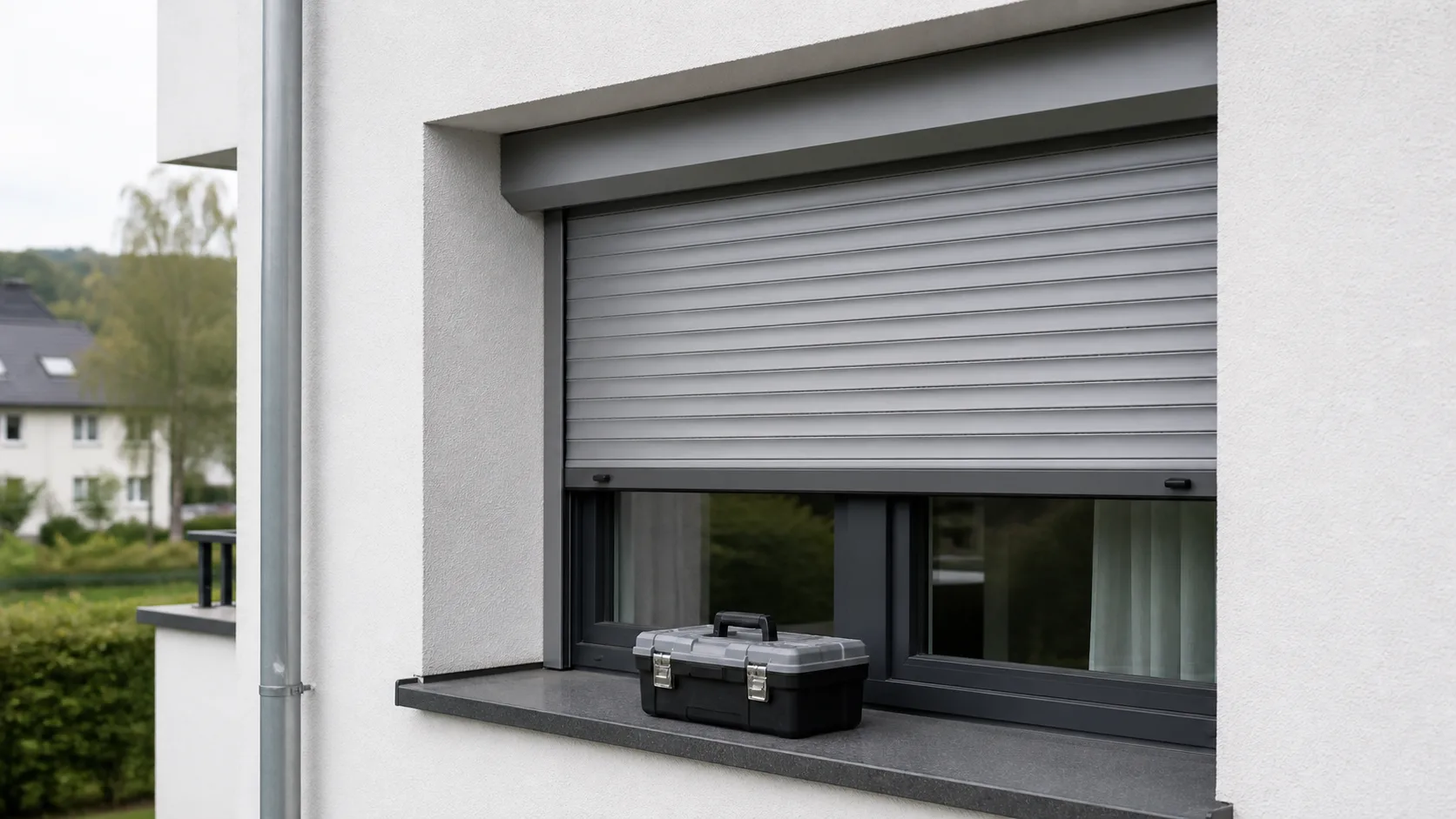 Neutraler Rolladen an einem Wohnhaus als Symbolbild fuer Rolladen Reparatur in St. Poelten ohne Firmenlogo