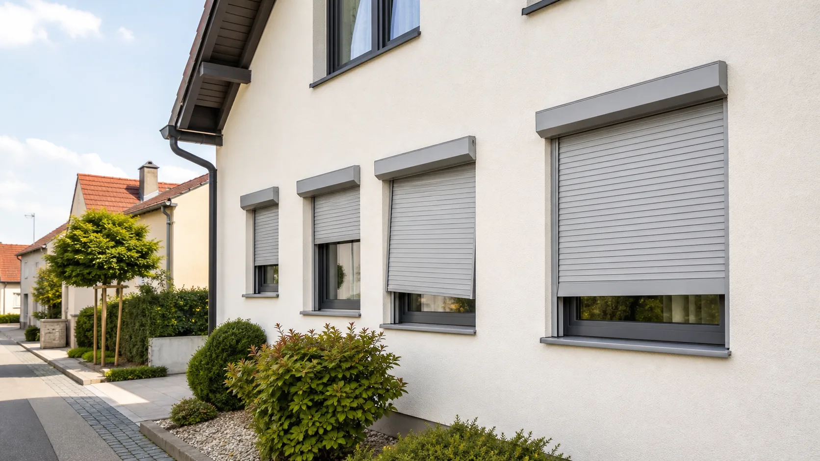Wohnhaus mit mehreren Rollaeden als neutrales Symbolbild fuer Rolladen Reparatur in Melk ohne Logos