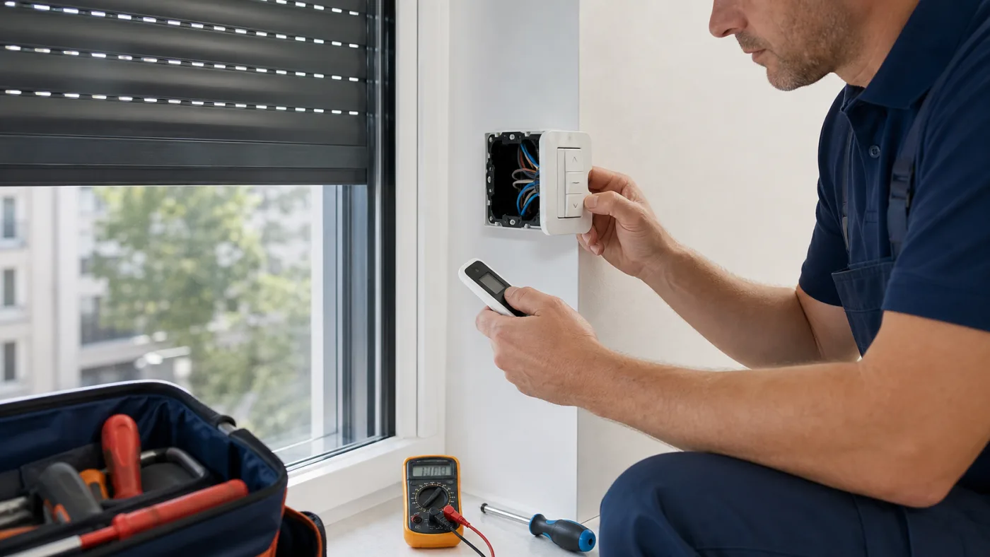 Techniker prüft Schalter und Steuerung eines elektrischen Rolladens