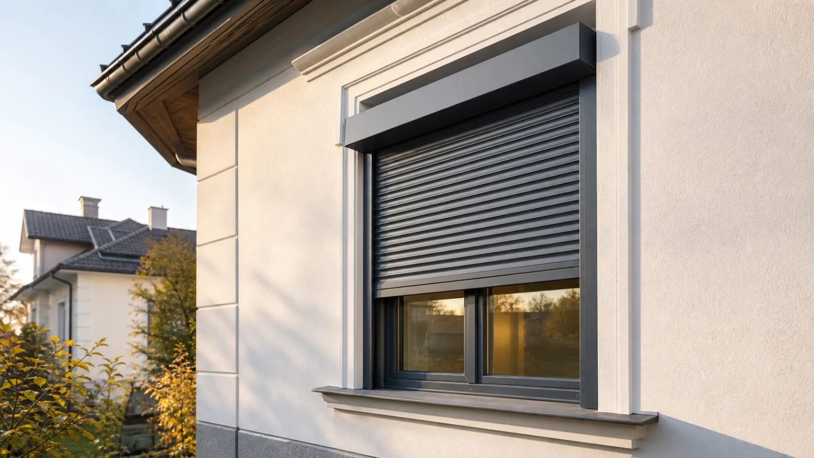 Neutraler außenliegender Rolladen an der Fassade eines renovierten Wohnhauses