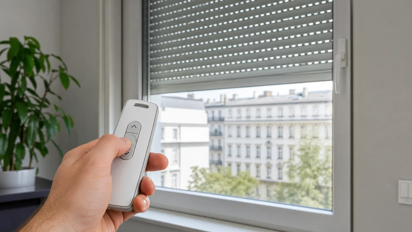 Hand hält eine neutrale Fernbedienung vor einem Fenster mit motorisiertem Rolladen – Diagnose bei Funk/Steuerung (Somfy RTS/io)