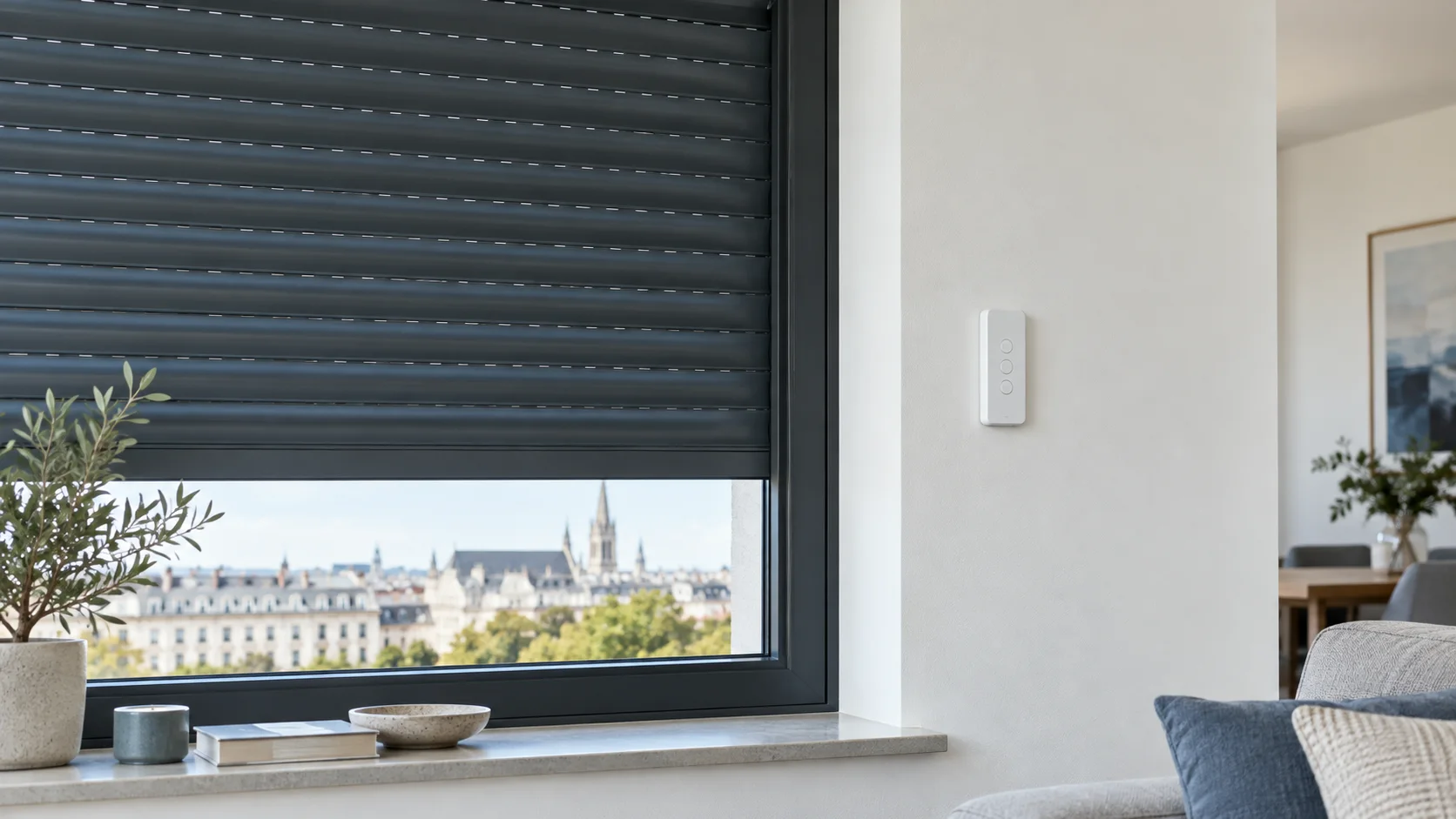 Neutraler Funk-Wandtaster neben einem geschlossenen dunklen Rolladen an einem Wohnfenster