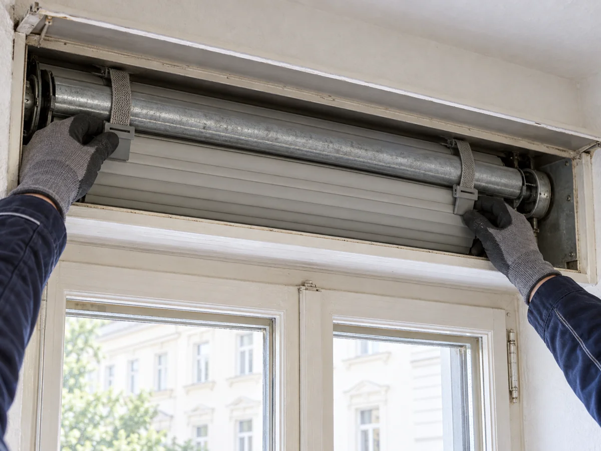 Geöffneter Rollladenkasten mit Welle und Aufhängung
