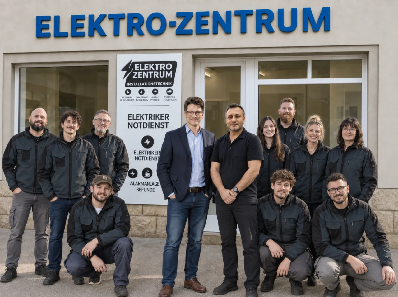 Christian Klaghofer und Hamza Aslan mit dem Team vor dem Elektro Zentrum